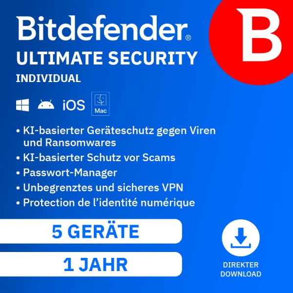 Bitdefender Ultimate Security Individual 2026 | 5 Geräte - 1 Jahr